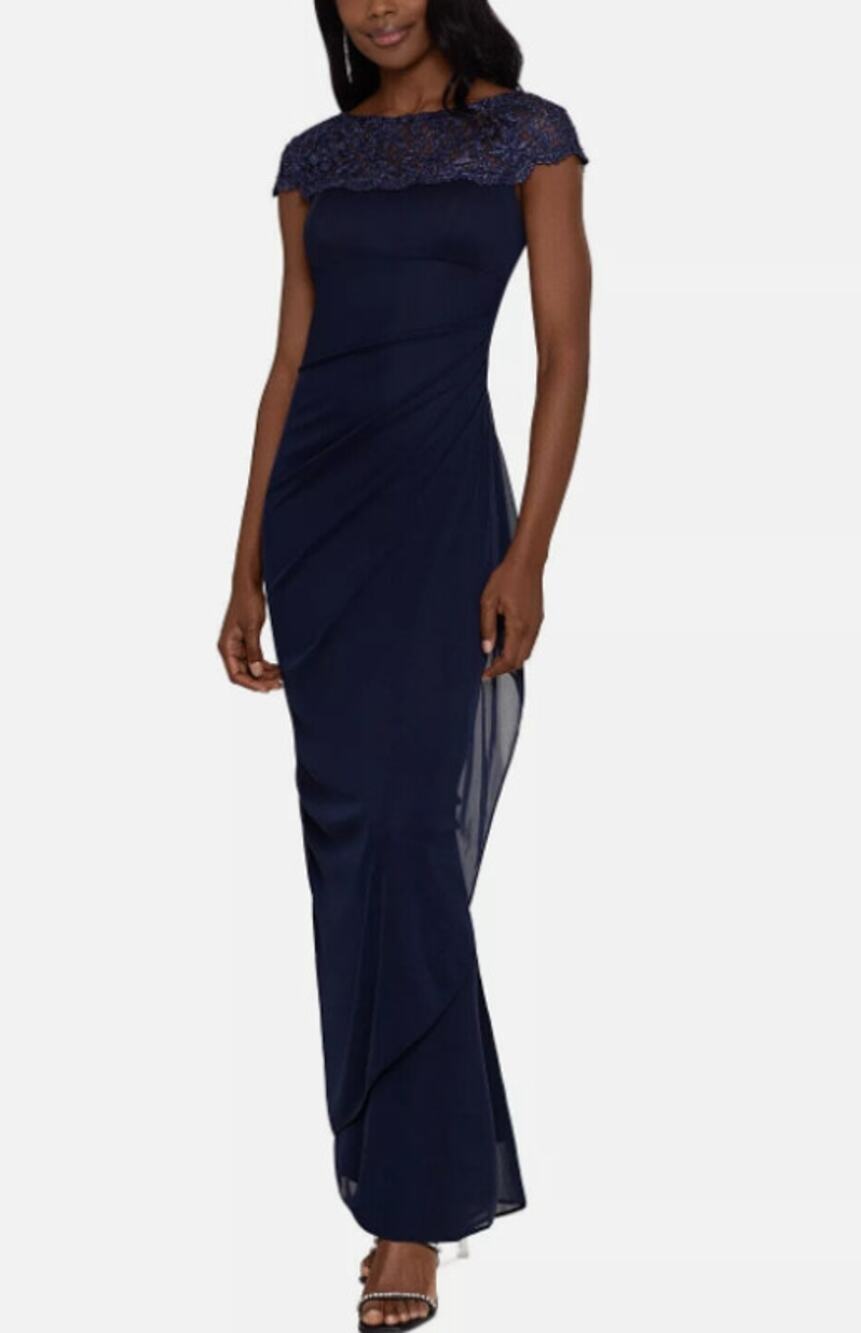 X by XSCAPE Embellished-Neck Gown Women's 4 Navy Blue Maxi Cap Sleeve NWT